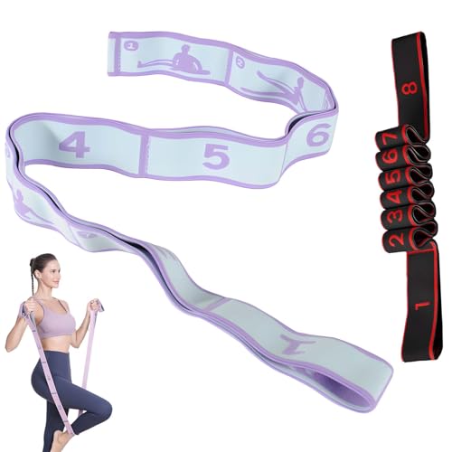 2- Pack Stretching Strap with 8 Loops - Multi-Loop Yoga Straps, Elastic Stretch Bands for Pilates, Dance, Gymnastics, Physical Therapy, and Exercise - color: Black,Purple