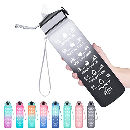 Hyeta Water Bottle with Straw & Time Marker, Plastic 32oz Leakproof - color: Gray-Black
