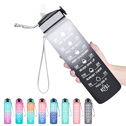 Hyeta Water Bottle with Straw & Time Marker, Plastic 32oz Leakproof - color: Gray-Black