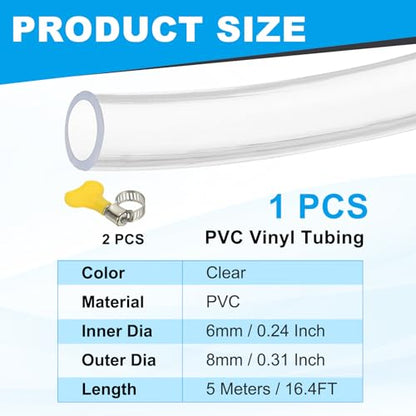 PATIKIL PVC Vinyl Tubing, 1/4"ID x 5/16"OD Flexible Clear Plastic Tube with 2 Hose Clamps, Hose Line Pipe for Multipurpose Industrial Vinyl Aquarium, 16.4FT - size: 1/4" ID 16.4FT