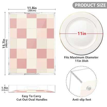 Acrylic Tray Clear Serving Vanity Ottoman Bathroom Coffee Table Countertop Organizer Raised Edge Spill Proof Pink Beige Check Pattern - color: Pink Beige Check Pattern