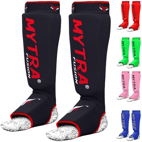 Mytra Fusion Shin Pads Instep Protector Kick Boxing Muay Thai Training Elasticated shin Guards - color: Black, size: Large-X-Large