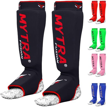 Mytra Fusion Shin Pads Instep Protector Kick Boxing Muay Thai Training Elasticated shin Guards - color: Black, size: Small-Medium