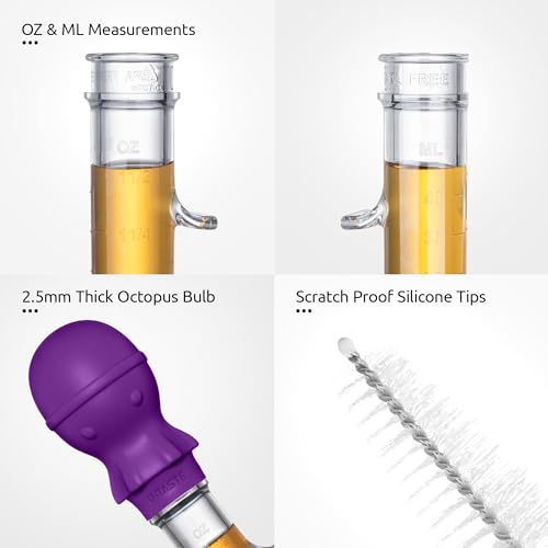U-Taste 228.2℉ Heat Resistant Food Grade 1.5oz Angled Turkey Baster, and 18/8 Stainless Steel Square Measuring Spoons Set of 8 (Purple+Silver)