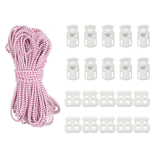 YELARXI Cord Locks, Elastic Bungee Cord, Spring Toggle Stopper Slider with Single-Hole & Double-Hole - Fitting for (Drawstring/Backpack/Shoelaces/Bags/Clothing) 50 ft & White/Red - color: White/Red