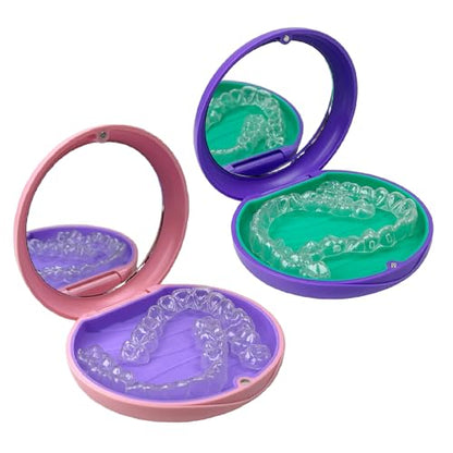 2 Pack Aligner Case with Mirror, Retainer Case for Invisalign - color: 1PC Pink Purple+1PC Purple Green