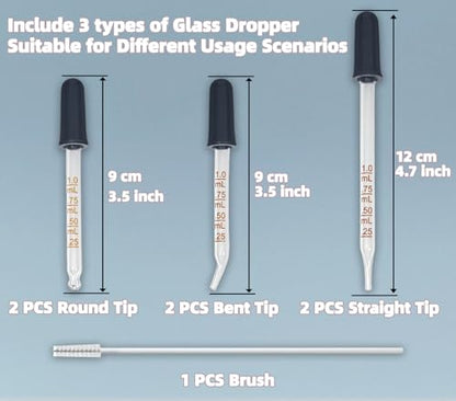 6 Pack Glass Pipette Dropper with Brush - Bent & Straight Tips, 1 ml Eye Droppers for Essential Oils, Lab, Crafts, Measuring and Transferring Liquids