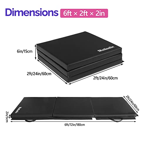 Matladin 6' Folding Tri-fold Gymnastics Gym Exercise Aerobics Mat, 6ft x 2ft x 2in PU Leather Tumbling Mats with Hook & Loop Fastener for Stretching Yoga Cheerleading Martial Arts - color: Black-2 Pack