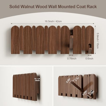 Solid Walnut Coat Rack Wall Mount 16.5",Wall Mounted Coat Rack with 8 Hooks - color: Walnut, size: 8 Hooks