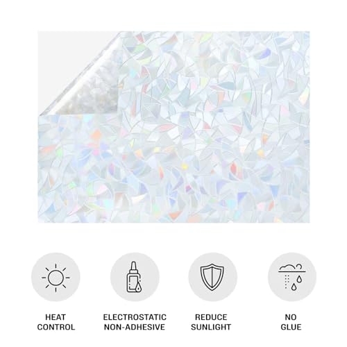 Underwater Life Octopus Coral Window Privacy Film,Heat Control Sun Blocking Static Cling Rainbow Film,Ocean Seaweed Fish Seahorse Non-Adhesive Glass Sticker Door Window Tint,17.7" x 78.7"