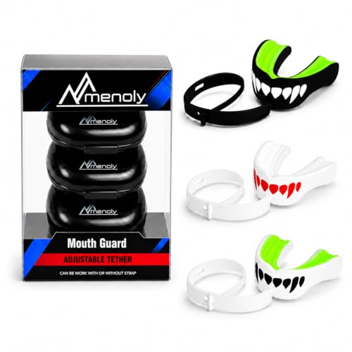 MENOLY 3 Packs Kids Youth Mouth Guard with Strap for Football - Mouth Guard Football Age 6-10 with Cases for Boxing, Lacrosse, Hockey, Basketball, MMA, Wrestling and Other Contact Sports Age 7-12