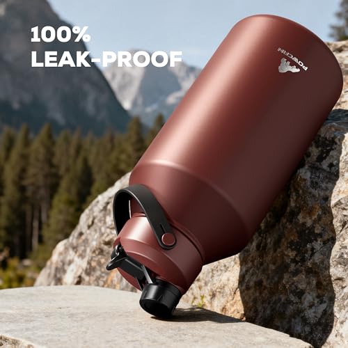 POWCAN 64 oz Insulated Water Bottle with Carrier Bag, Leakproof, Straw and Spout Lid, Keep Cold 48H, Cleaning Brush, BPA-Free, Stainless Steel Water Bottle for Travel, Sports and Picnic (Cocoa) - color: Cocoa