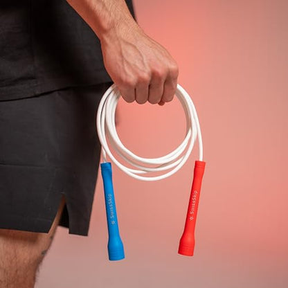 Speed Jump Rope by Dayan Kolev, 5mm PVC Skipping Rope, Great for Beginners and Advanced Athlets, Designed for Fitness, Cardio, Boxing & CrossFit, Adjustable length with Unbreakable Handles - color: White with Red and Blue Handles