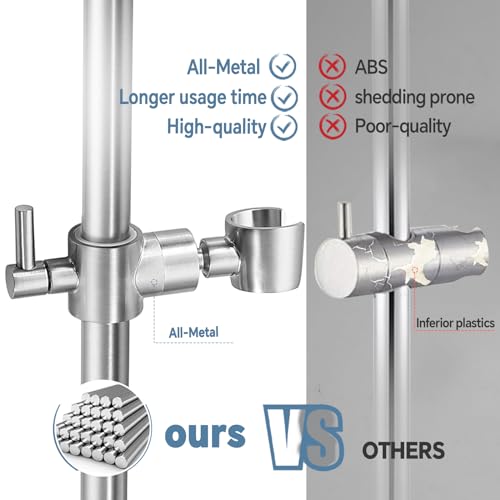 Shower Slide Bar Adjustable Handheld Shower Head Holder Wall Mount - 15inch All-Metal Shower Head Slide Bar Compatible with Bathroom Drill Free Glue Installation - Brushed