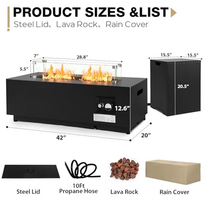 42'' Outdoor Propane Fire Pit Table, 50,000 BTU Rectanle Natural Gas Fire Pits with Tank Cover Wind Guard, No Assembly Low Profile Fire Table for Outside Patio & Backyard, Black - size: 42"