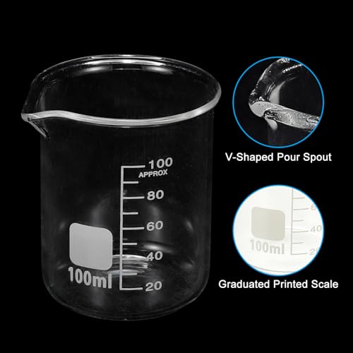 PATIKIL 100ml Glass Beaker, 2 Pack Measuring Glass Beaker Graduated Borosilicate Lab Cups Mug Low Form Heat Safe Transparent with Spout Label for Laboratory Science Kitchen Liquids - size: 100ml