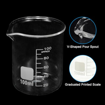 PATIKIL 100ml Glass Beaker, 2 Pack Measuring Glass Beaker Graduated Borosilicate Lab Cups Mug Low Form Heat Safe Transparent with Spout Label for Laboratory Science Kitchen Liquids - size: 100ml