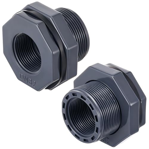2 Pcs 1-1/4 Inch Bulkhead Fitting PVC Water Tank Connector Plumbing Pipe Threaded Bulkhead Fitting NPT for Rain Barrels, Water Tanks, Aquariums, Tubs, Pools - size: 1-1/4 Inch