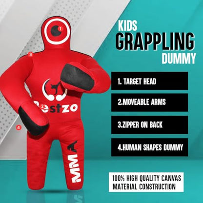 Bestzo Kids MMA Grappling Dummy - Unfilled Canvas Wrestling & BJJ Training Partner for Karate, Judo & Boxing (48-Inch) - color: Black Red