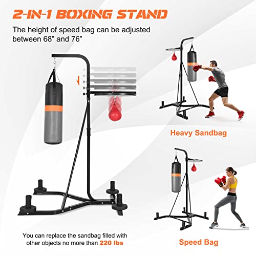 2-in-1 Punching Bag Stand for Adults, Heavy Bag Stand with Height Adjustable Speed Bag, Weighted Base Hold Up to 220 LBS, Freestanding Boxing Equipment for Home Gym Fitness MMA Training