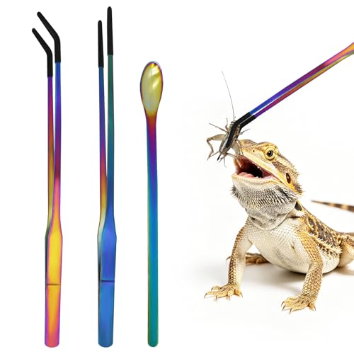 3 PCS Extra Long Reptile Feeding Tongs and Spoon Set Stainless Steel Reptile Tweezers for Aquarium with Rubber Tip Straight and Curved Terrarium Feeder Tools for Bearded Dragon Lizards