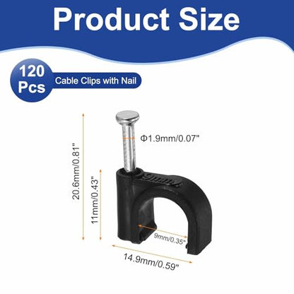 HARFINGTON 120pcs Cable Clips with Nail 9mm ID Circular Single Half Clamp J-Hook with Nail Cord Clips for Wires on Wall for Ethernet Tacks Coax Pex Tubing Pipe Support, Black - size: 9mm ID