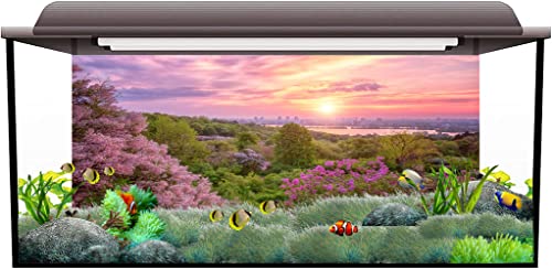 AWERT 60x24 inches Spring Cherry Blossom Terrarium Background Pink Flower Tree Sunset Floral Aquarium Background Vinyl Background - size: 60x24in/150x60cm
