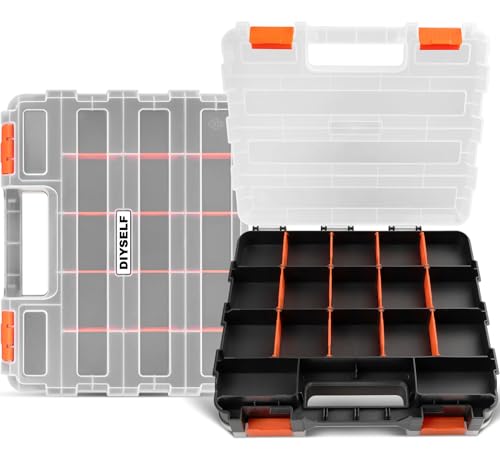 DIYSELF Tool Box Double-Sided, 34-Compartment Tool Organizer, Small Parts Organizer with Adjustable Space, Clear-Lid Small Storage Box for Hardware, Crafts, Beads, Jewelry and Fishing Accessories