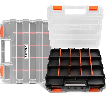 DIYSELF Tool Box Double-Sided, 34-Compartment Tool Organizer, Small Parts Organizer with Adjustable Space, Clear-Lid Small Storage Box for Hardware, Crafts, Beads, Jewelry and Fishing Accessories