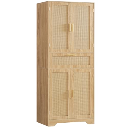 Iwell Tall Storage Cabinet with 2 Adjustable Shelves & Large Drawer, Rattan Cabinet with 4 Doors, Pantry Cabinets for Dining Room, Living Room, Home Office, Natural - color: Natural, 4 Doors