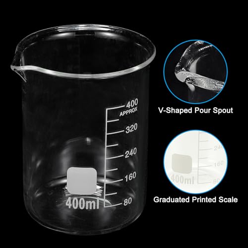 PATIKIL 400ml Glass Beaker, 2 Pack Measuring Glass Beaker Graduated Borosilicate Lab Cups Mug Low Form Heat Safe Transparent with Spout Label for Laboratory Science Kitchen Liquids - size: 400ml