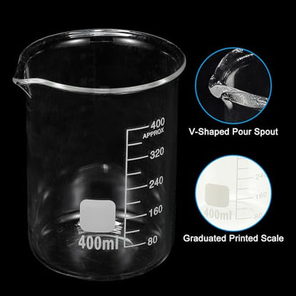 PATIKIL 400ml Glass Beaker, 2 Pack Measuring Glass Beaker Graduated Borosilicate Lab Cups Mug Low Form Heat Safe Transparent with Spout Label for Laboratory Science Kitchen Liquids - size: 400ml