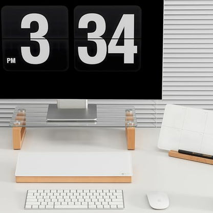 Multi-Purpose Desktop Stand, Clear Floating Computer Monitor Riser with Natural Wood Base, Desk Organization Shelf for Printer, Laptop, Audio Device, Flat Screen - color: Beech&Clear