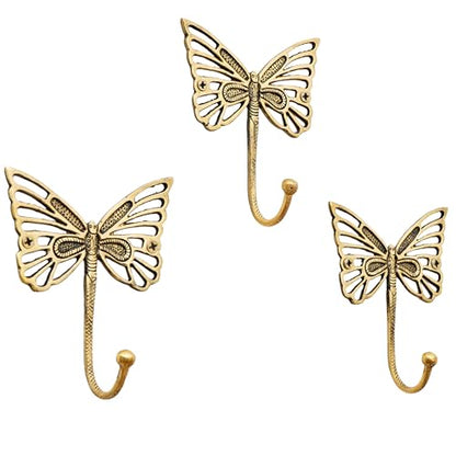 Indian Shelf Solid Brass Butterfly Wall Hooks Gold Coat Hangers Pack of 3