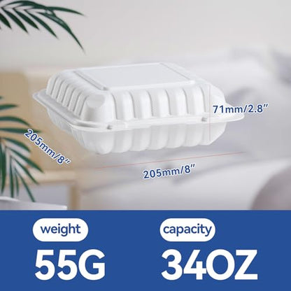 Food Containers 8" 34 oz 55 Pack - Shrink Wrapped Ready to Use | 3 Compartment Mineral Filled PP Clamshell | Microwave & Freezer Safe | BPA Free White To Go Boxes for Meal Prep & Leftovers - size: 8 inch 34 oz with 3 compartment