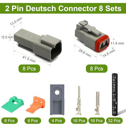 2 Pin Deutsch Connectors Kit 8 Sets, Gray DT Connector Kit, 2 Wire Automotive Electrical Waterproof Connectors with 32pcs Shrink Tubing Kit 22-16AWG - size: 22-16AWG 8Set DT