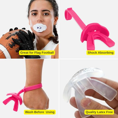 SLEEFS Classic Football Mouthguard with Bold Designs and Removable Strap - color: God First Pink