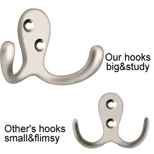 IBosins 10 Pack Silvery Double Prong Coat Hooks Wall Mounted with 20 Screws - color: 10 Pcs Silvery