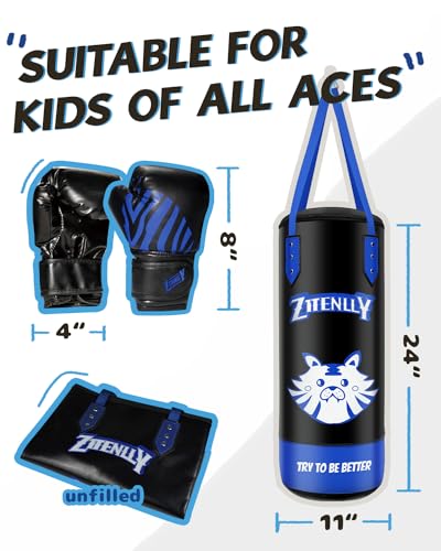Kids Punching Bag with Gloves - PU Leather & Adjustable Height Strap - Boxing Bag Set for 3-8 Years Kids Great for Boxing, MMA, Kickboxing - color: Blue-Unfilled