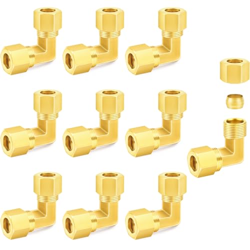 ChillWaves Brass Compression Tube Fitting, 1/8" OD x 1/8" OD 90 Degree Elbow Compression Union Connector(10-PACK)