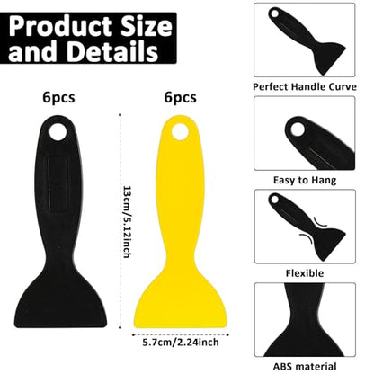 TIESOME 12 Pcs Plastic Spatula Scraper, Plastic Spatula Paint Scrapers, Air Bubble Remover Sticker Installation Tool, Flexible Resin Scraper Paint Scrapers for Decal, Grout Removal (Black, Yellow)