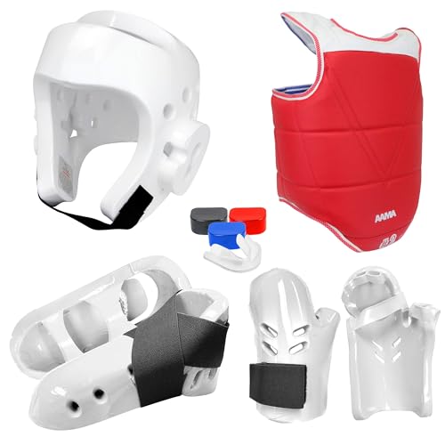 AAMA Custom Foam Sparring Gear Set - Foam Headgear, Olympic Style Chest Guard, Foam Punch and Kick - color: WHITE