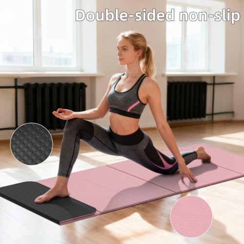 Foldable TPE Yoga Mat Thick 10mm,75" x40"Extra Large Exercise Mats - color: Pink