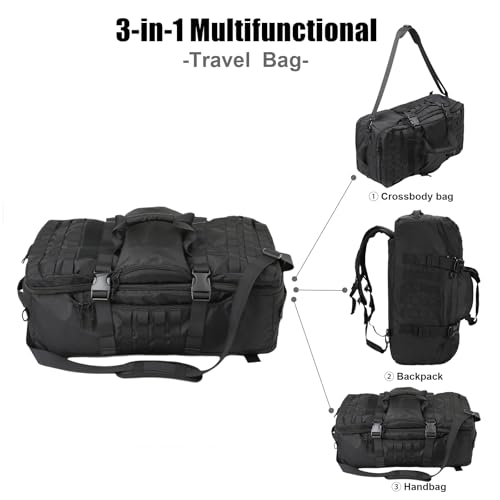 3 in 1 Tactical Travel Duffel Bag Backpack, Heavy Duty Military Gym Bag - color: Black, size: 30L,(19x10x8)Inches