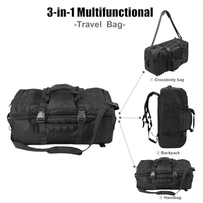 3 in 1 Tactical Travel Duffel Bag Backpack, Heavy Duty Military Gym Bag - color: Black, size: 30L,(19x10x8)Inches