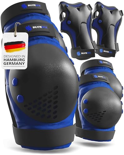SKATEWIZ Skateboard Pads Protective Gear Set for Kids and Adults - Smash - Roller Skate Pads [6pc] with Wrist Guards - Skating Protective Gear - Roller Derby - color: Blue Black, size: M/L - Kids/Teens