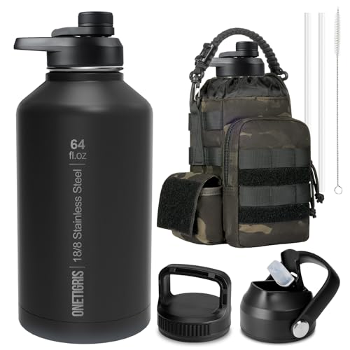 ONETIGRIS 64oz Tactical Insulated Water Bottle with 3 Lids & MOLLE Pouch - color: Camo Black