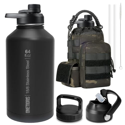 ONETIGRIS 64oz Tactical Insulated Water Bottle with 3 Lids & MOLLE Pouch - color: Camo Black