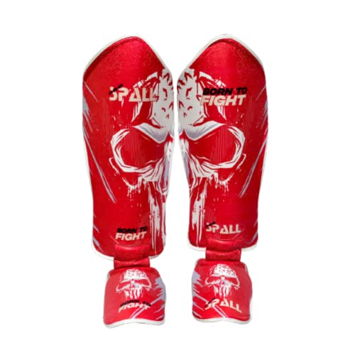 Spall Pro US Muay Thai Guards Shin Guards for Kickboxing Martial Arts BJJ Boxing Sparring with MMA Foot Protector - Born to Fight Red (Small/Medium)