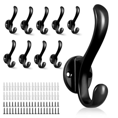 10 Pack Coat Hooks Wall Mount Heavy Duty Utility Retro Double Hooks for Hanging Coats,Hat, Towel, Key, Robe, Scarf, Bag, Cap (Black) - color: 10 Pack-Black
